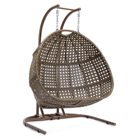 Wicker Hanging Double Egg Beige Swing Chair with an Iron Base