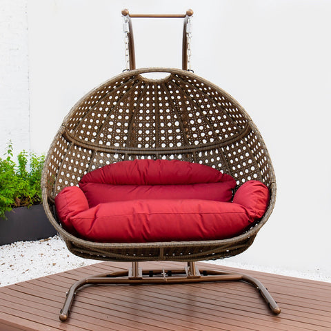 Wicker Hanging Double Egg Beige Swing Chair with an Iron Base