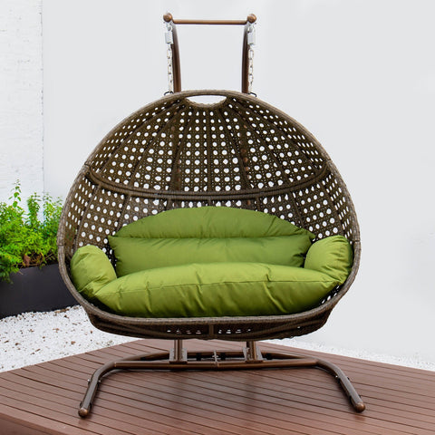 Wicker Hanging Double Egg Beige Swing Chair with an Iron Base