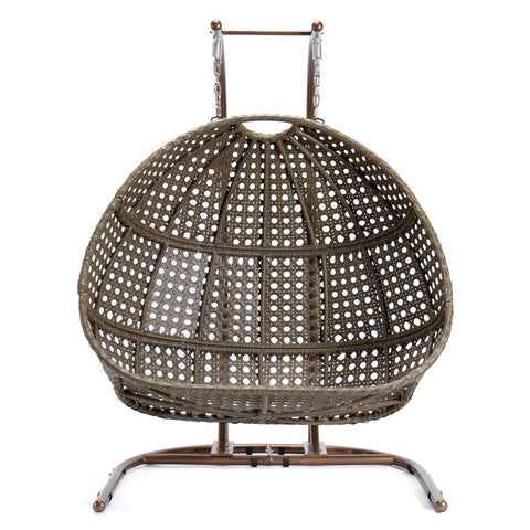 Wicker Hanging Double Egg Beige Swing Chair with an Iron Base