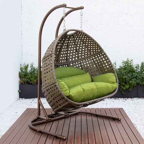 Wicker Hanging Double Egg Beige Swing Chair with an Iron Base