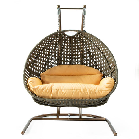 Wicker Hanging Double Egg Beige Swing Chair with an Iron Base