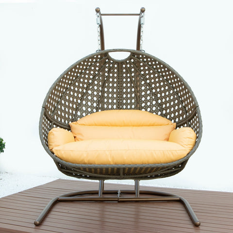 Wicker Hanging Double Egg Beige Swing Chair with an Iron Base