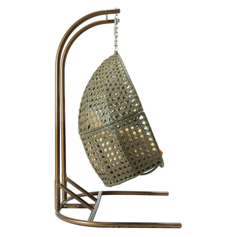 Wicker Hanging Double Egg Beige Swing Chair with an Iron Base