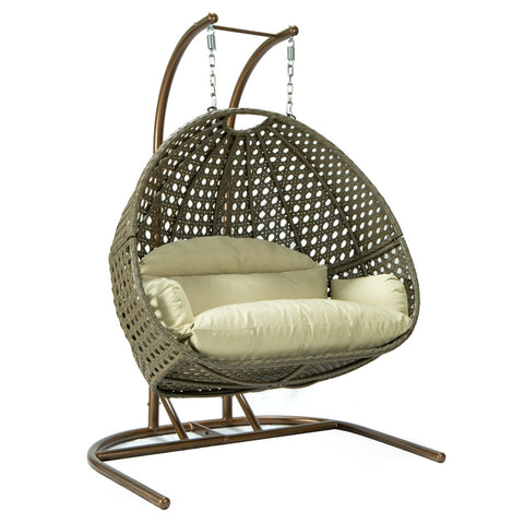 Wicker Hanging Double Egg Beige Swing Chair with an Iron Base