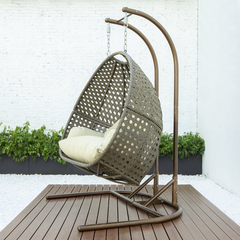 Wicker Hanging Double Egg Beige Swing Chair with an Iron Base