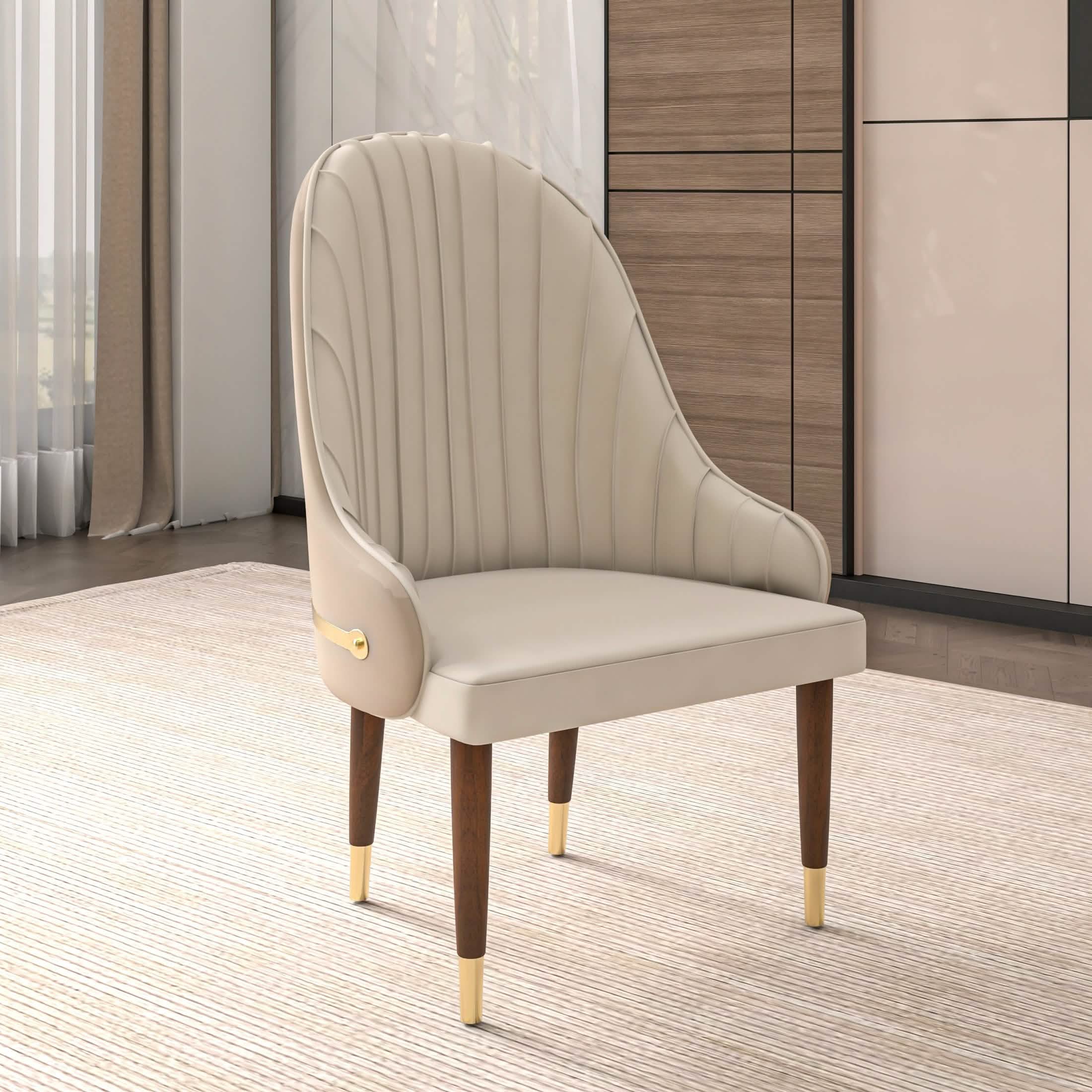 Elara Leather Dining Chair with Elegant Ripple Back and Gold Accents in Rubberwood