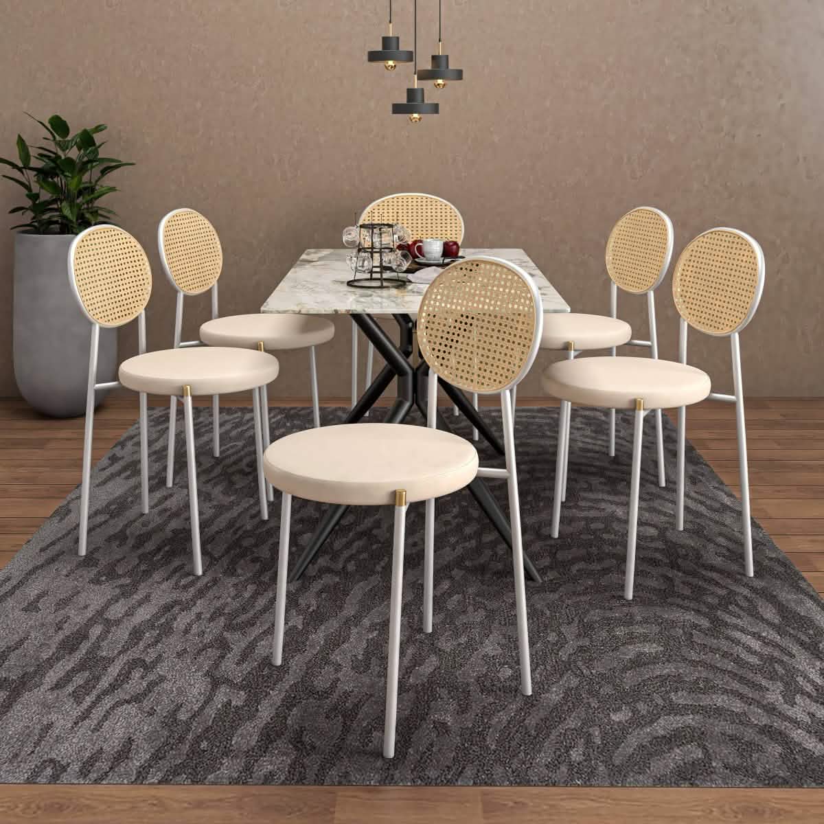 Elega 7 - Piece Dining Set with Rectangular Sintered Stone Table and 6 Velvet Side Chairs with Wicker Back