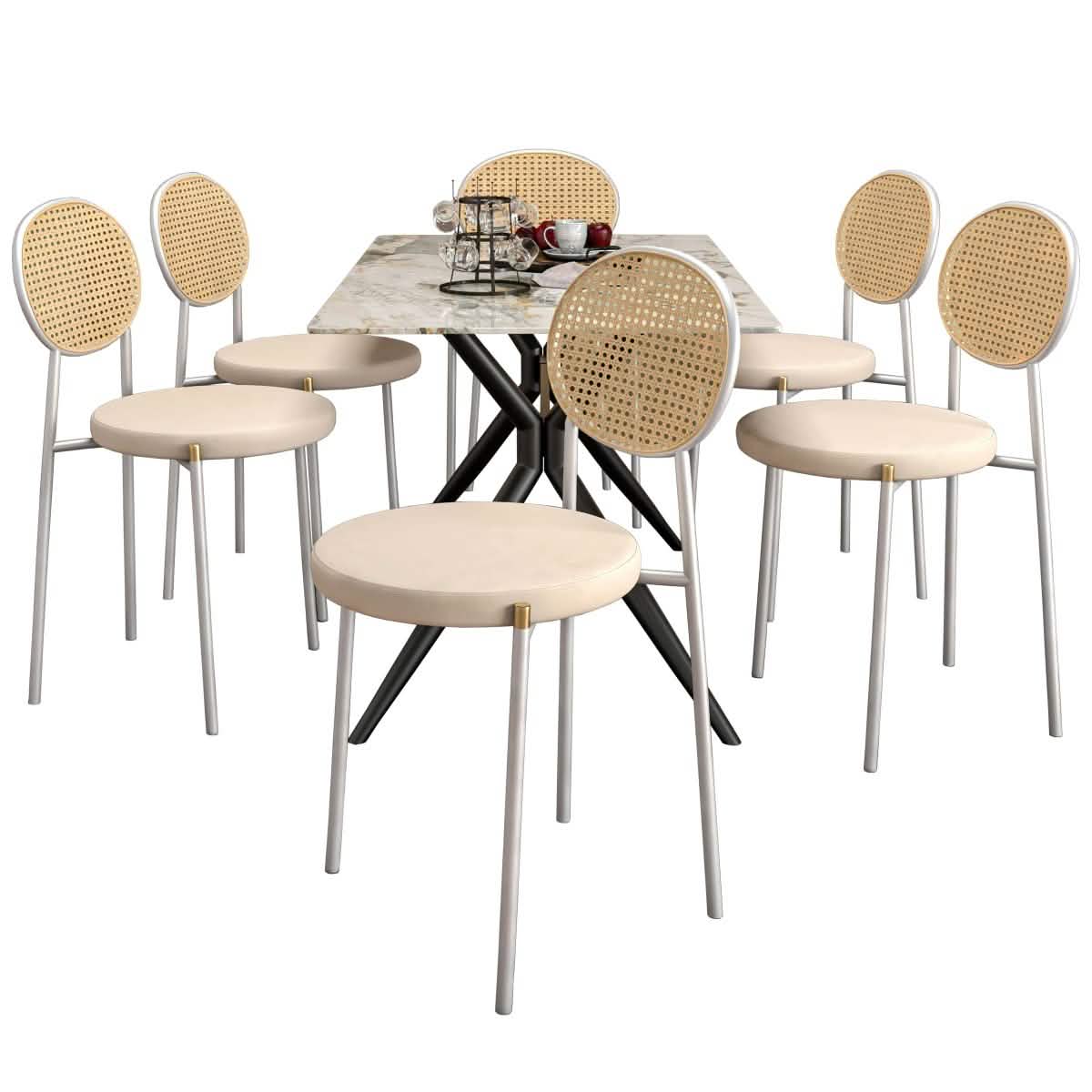 Elega 7 - Piece Dining Set with Rectangular Sintered Stone Table and 6 Velvet Side Chairs with Wicker Back