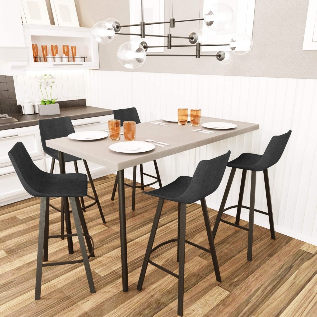 Elland Modern Upholstered Leather Bar Stool With Black/White Iron Legs & Footrest