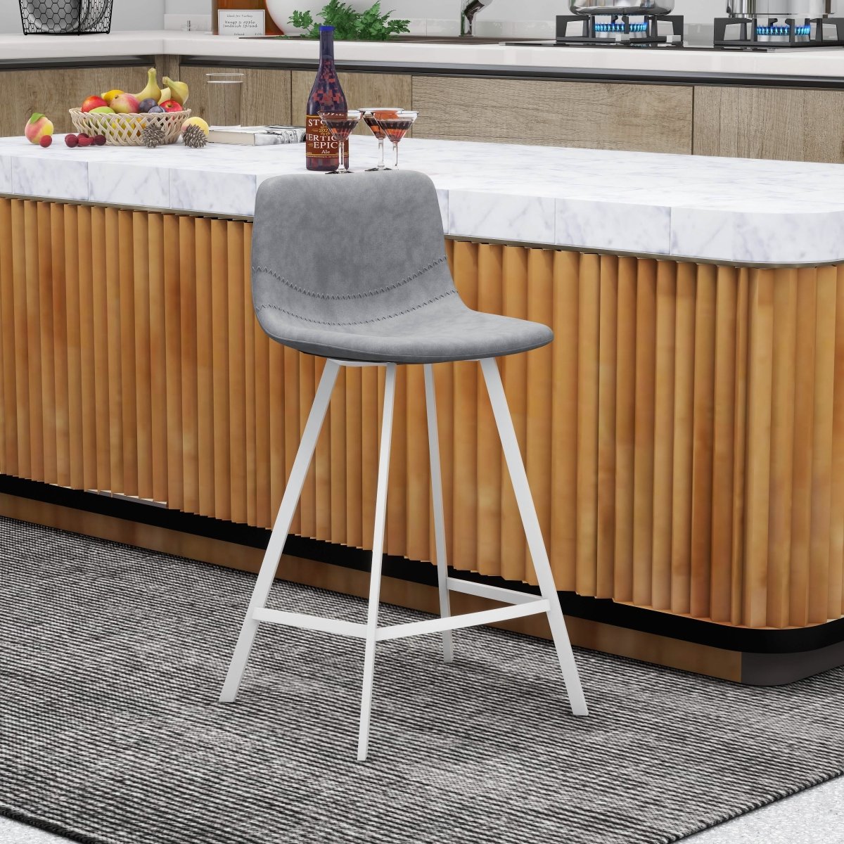 Elland Modern Upholstered Leather Bar Stool With Black/White Iron Legs & Footrest