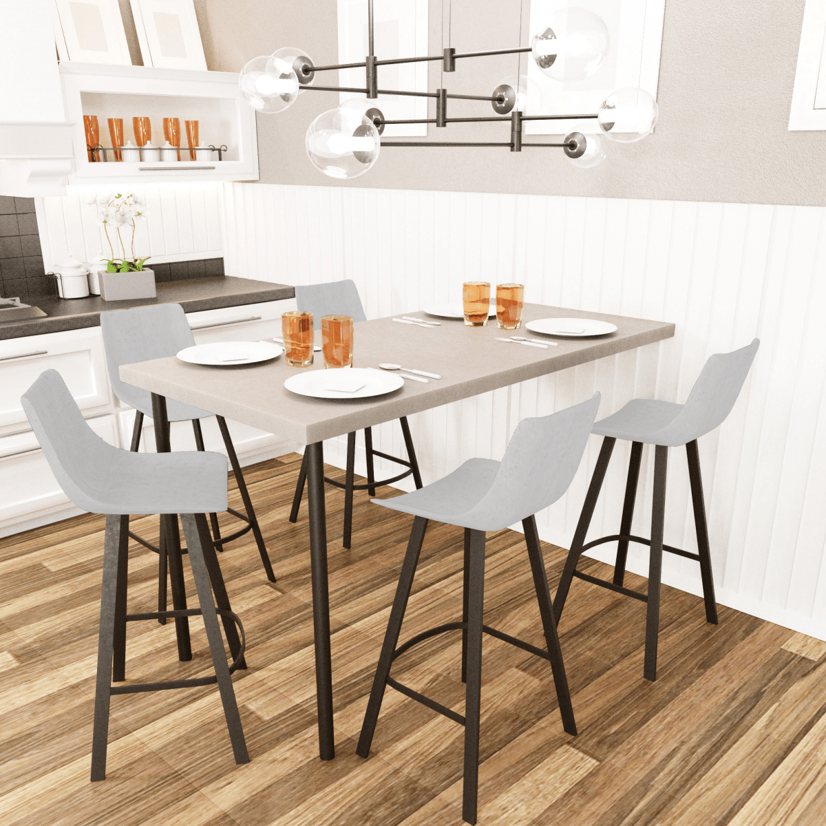 Elland Modern Upholstered Leather Bar Stool With Black/White Iron Legs & Footrest