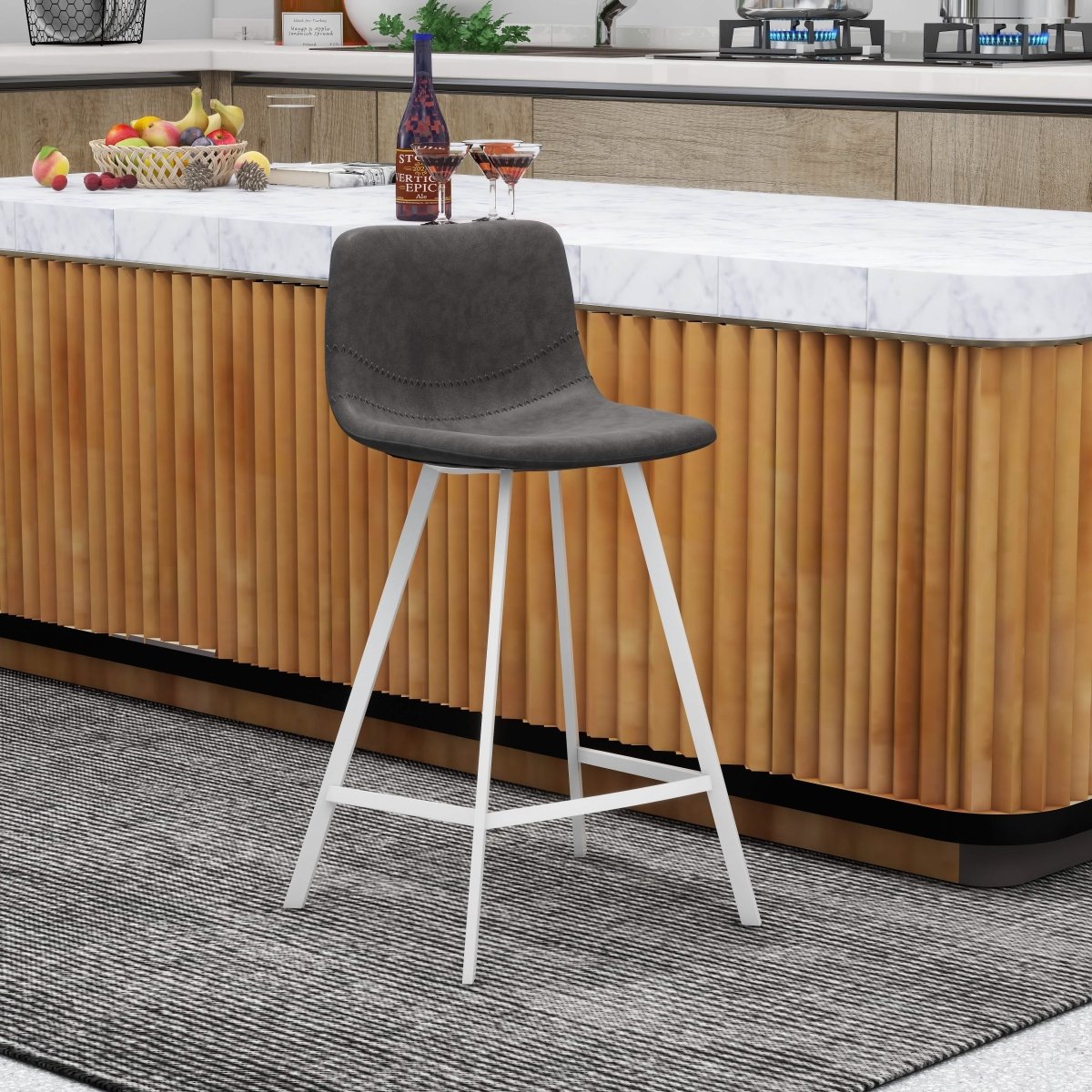 Elland Modern Upholstered Leather Bar Stool With Black/White Iron Legs & Footrest