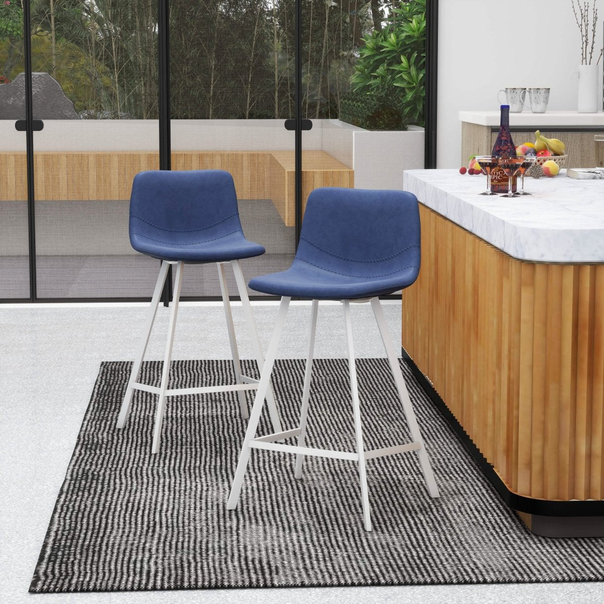 Elland Modern Upholstered Leather Bar Stool With Black/White Iron Legs & Footrest