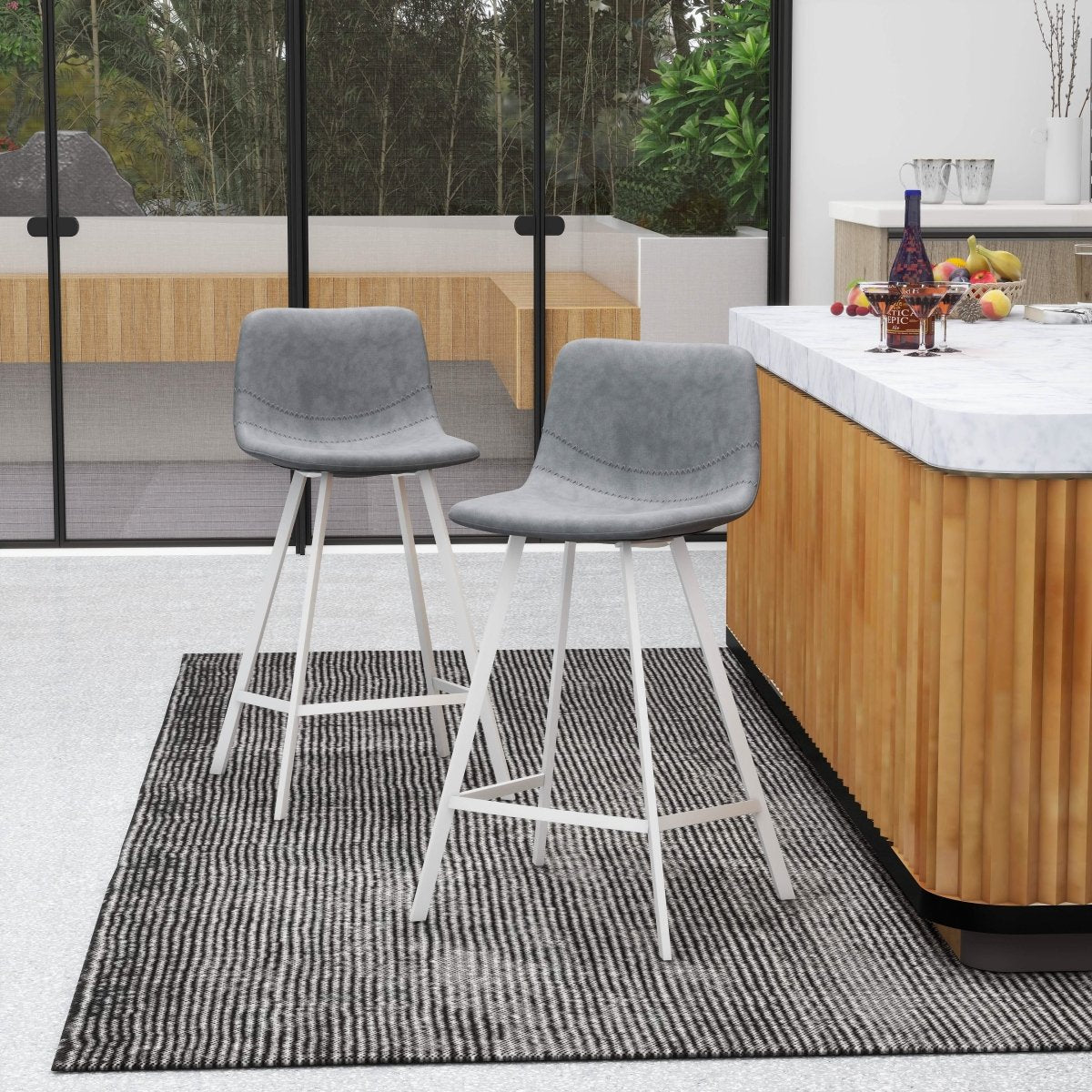 Elland Modern Upholstered Leather Bar Stool With Black/White Iron Legs & Footrest