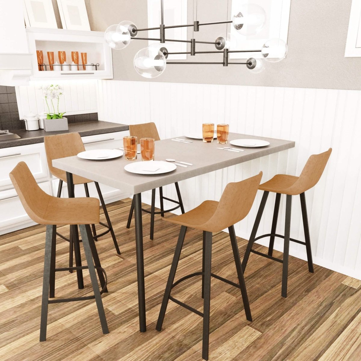 Elland Modern Upholstered Leather Bar Stool With Black/White Iron Legs & Footrest