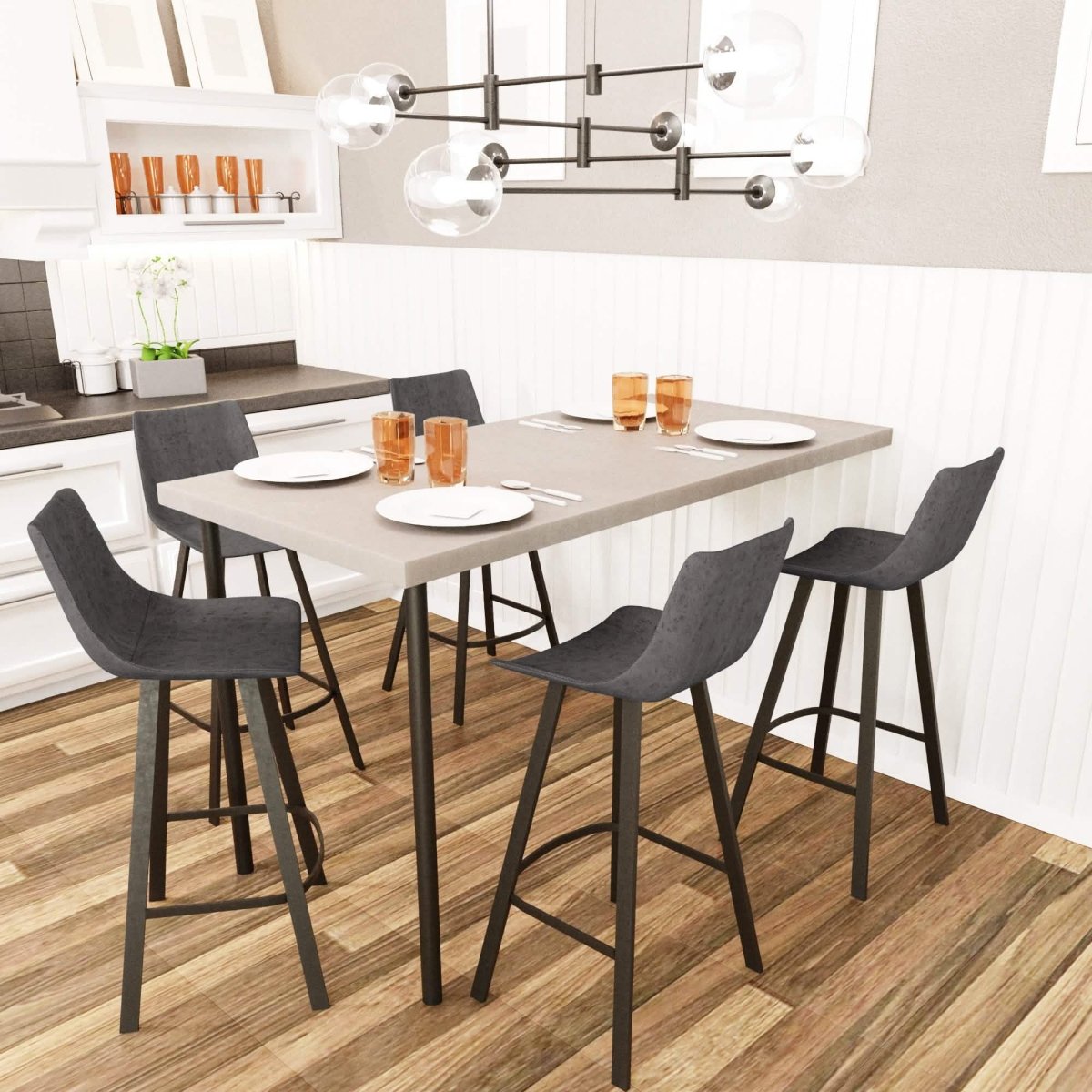 Elland Modern Upholstered Leather Bar Stool With Black/White Iron Legs & Footrest