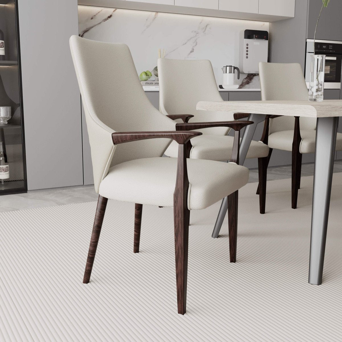Elm Collection Modern Wooden Dining Arm Chair Upholstered Seat in Lather with Ash Wood Base Set of 4