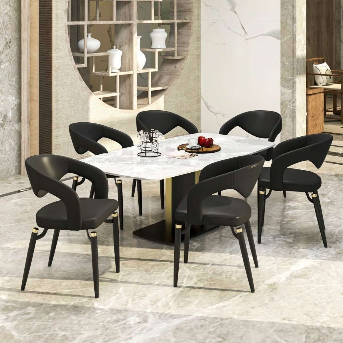 Entice Dining Chairs Upholstered Leather Seat and Curved Back in Black Iron Legs
