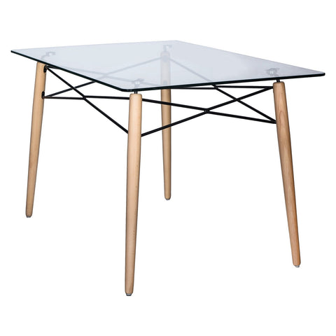 Dover Rectangle Dining Table With Glass Tabletop and Beech Wood Eiffel Base