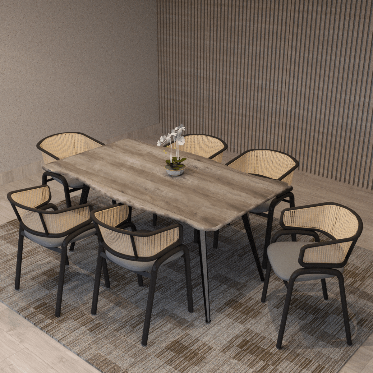 Ervilla Dining Armchair with White/Black Steel Legs and Black/Brown Wicker Back