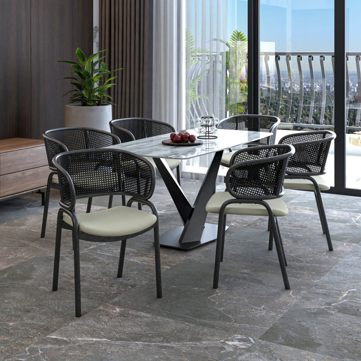 Ervilla Dining Armchair with White/Black Steel Legs and Black/Brown Wicker Back
