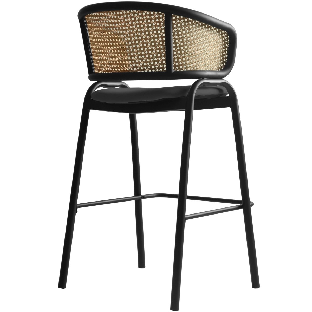 Ervilla Leather Bar Stool with Powder-Coated Stainless Steel Base and Curved Wicker Back Design Black Black Bar Stools Leisuremod