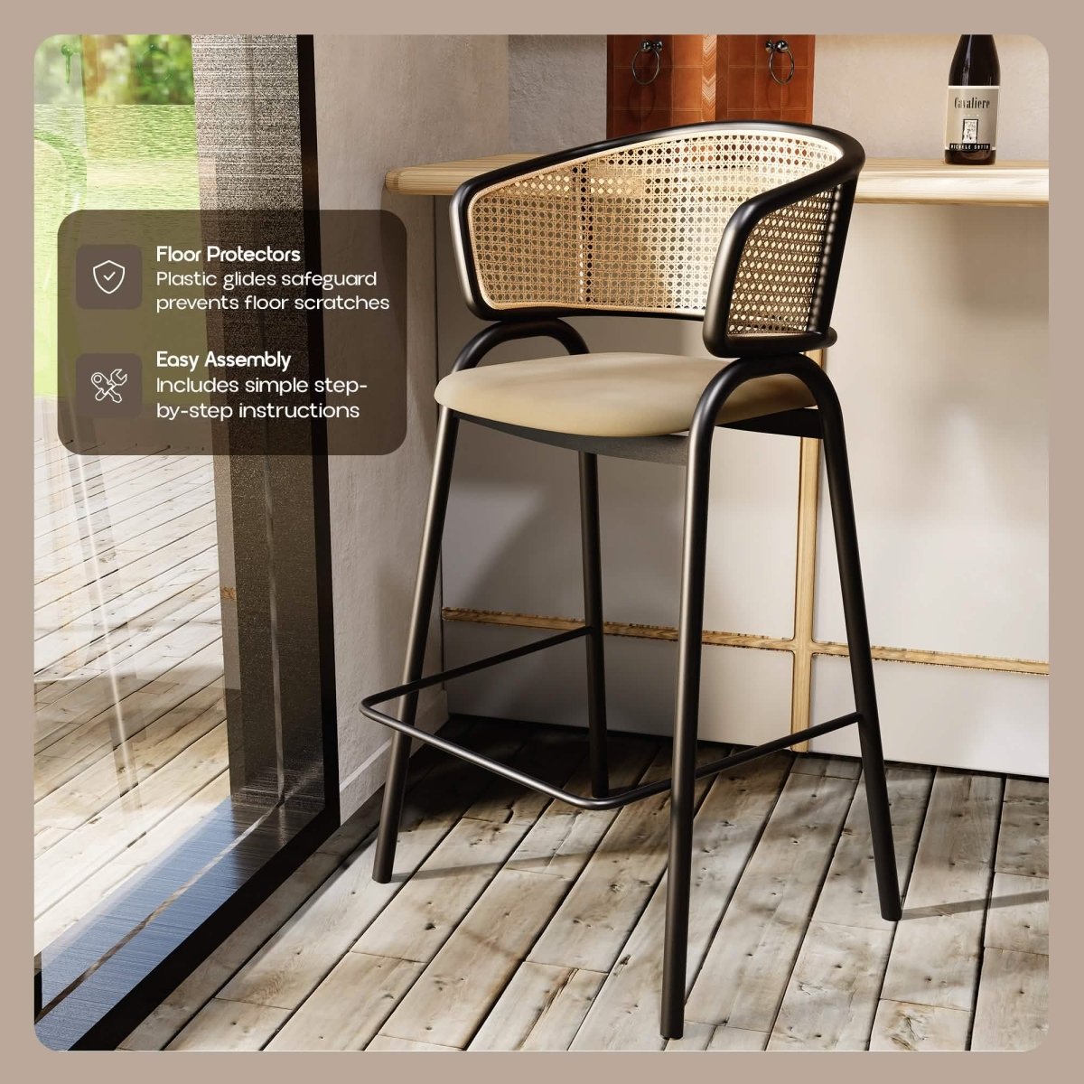 Ervilla Leather Bar Stool with Powder-Coated Stainless Steel Base and Curved Wicker Back Design Black Black Bar Stools Leisuremod