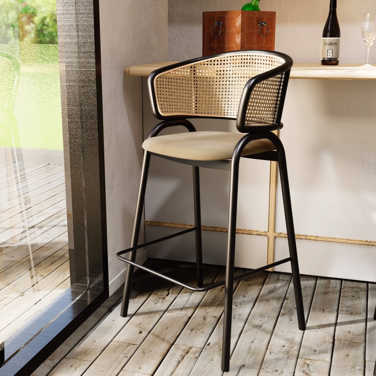 Ervilla Leather Bar Stool with Powder-Coated Stainless Steel Base and Curved Wicker Back Design Beige Black Bar Stools Leisuremod