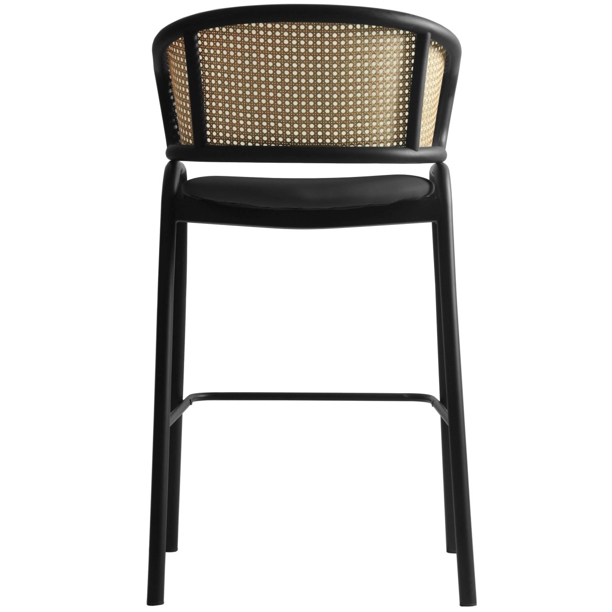 Ervilla Leather Bar Stool with Powder-Coated Stainless Steel Base and Curved Wicker Back Design Black Black Bar Stools Leisuremod