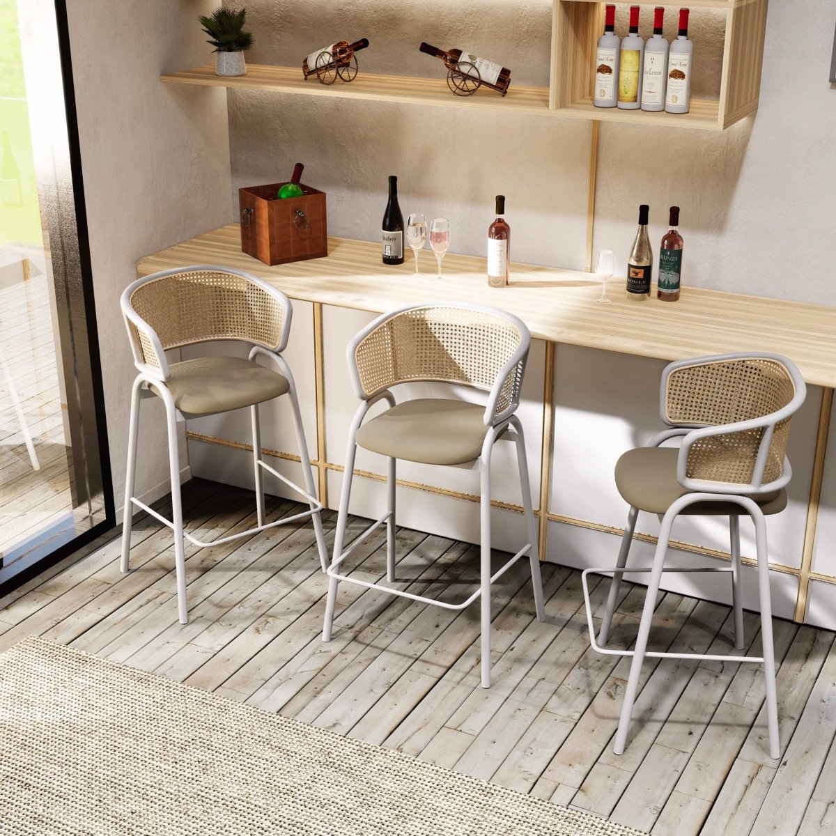 Ervilla Leather Bar Stool with Powder-Coated Stainless Steel Base and Curved Wicker Back Design Grey White Bar Stools Leisuremod