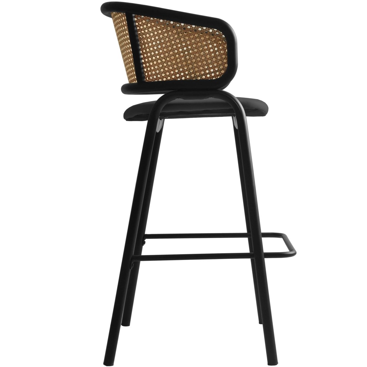 Ervilla Leather Bar Stool with Powder-Coated Stainless Steel Base and Curved Wicker Back Design Black Black Bar Stools Leisuremod