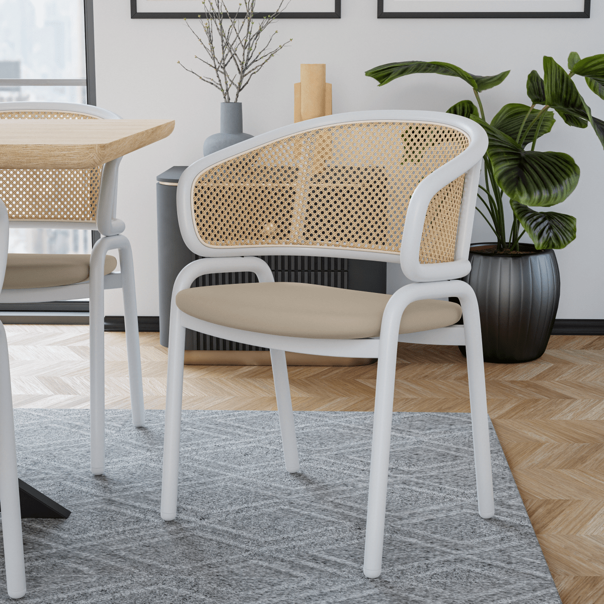 Ervilla Leather Dining Armchair in Black/White Stainless Steel Base With Wicker Back