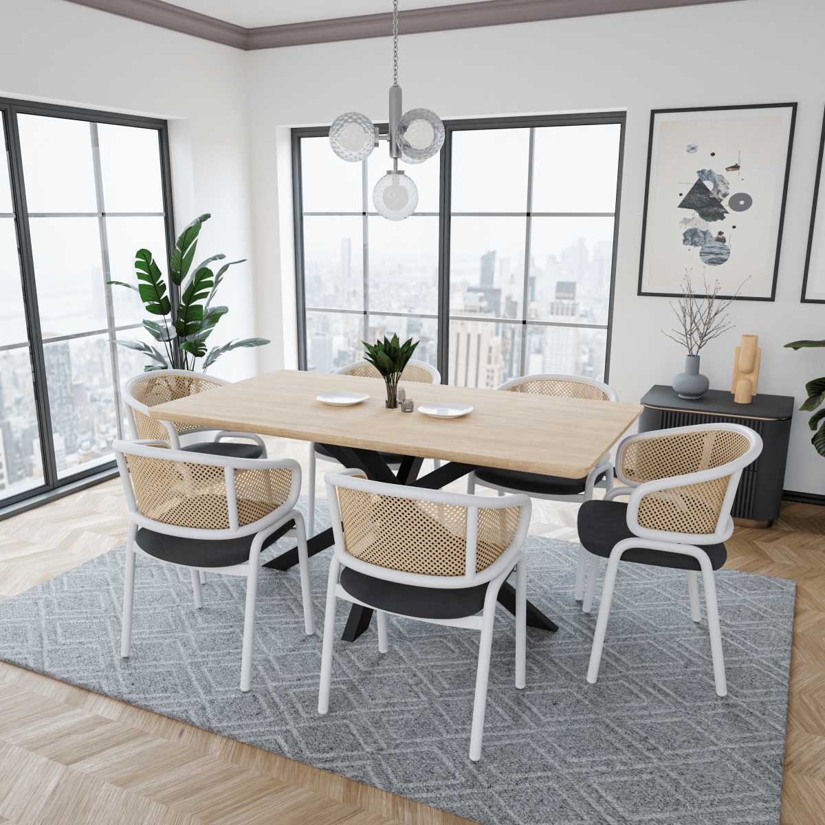 Ervilla Leather Dining Armchair in Black/White Stainless Steel Base With Wicker Back