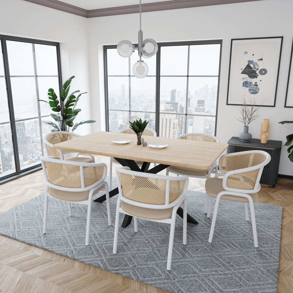 Ervilla Leather Dining Armchair in Black/White Stainless Steel Base With Wicker Back