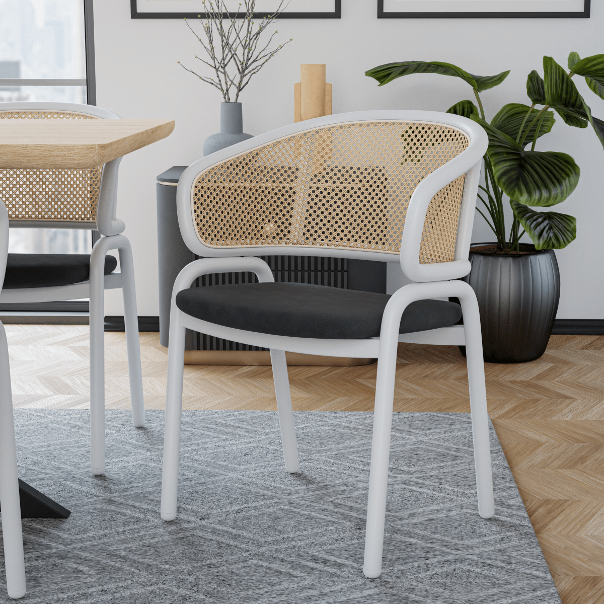 Ervilla Leather Dining Armchair in Black/White Stainless Steel Base With Wicker Back