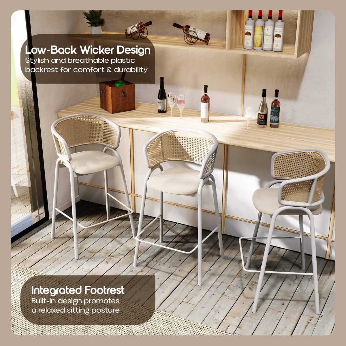 Ervilla Wicker Bar Stool with Leather Seat and Black/White Stainless Steel Frame