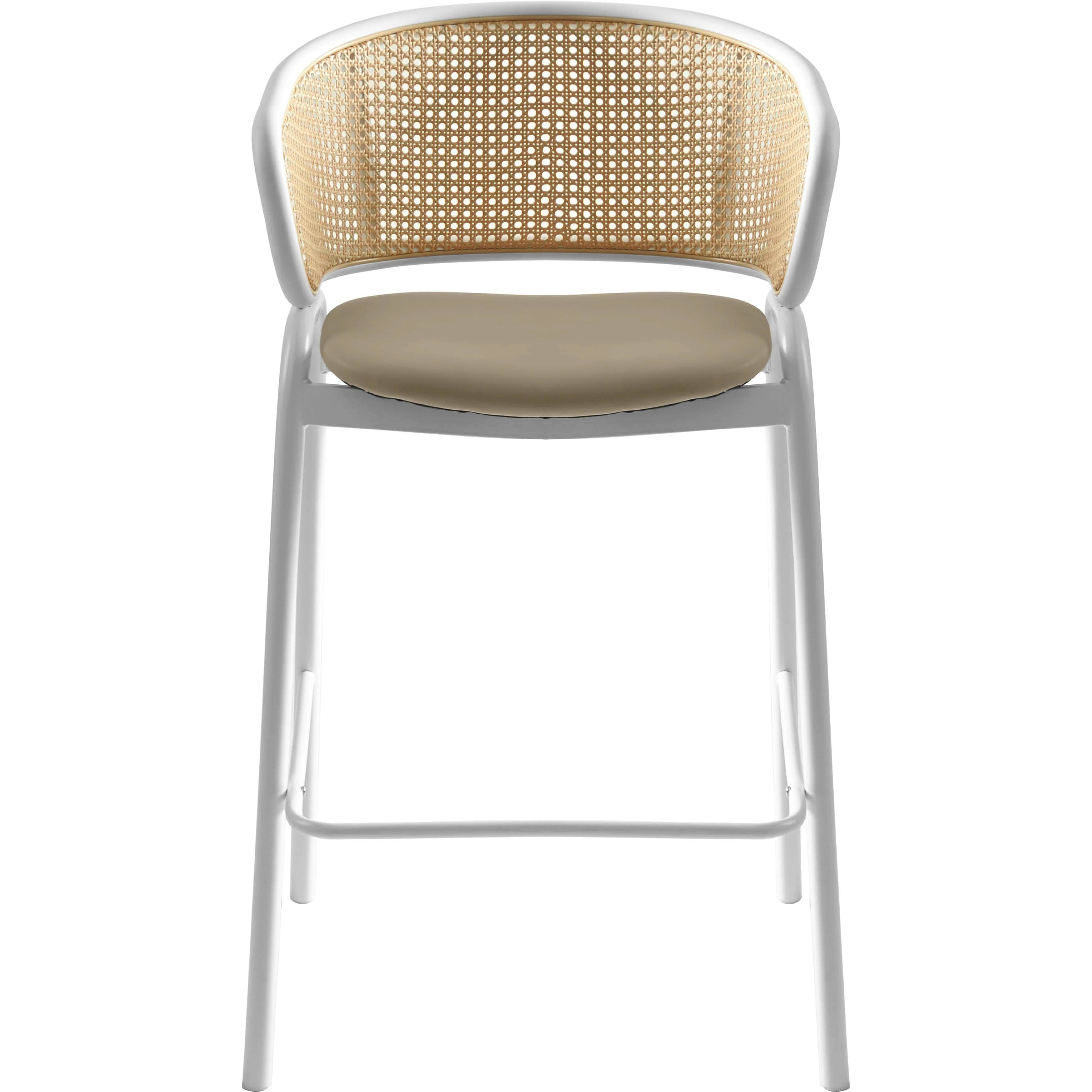 Ervilla Wicker Bar Stool with Leather Seat and Black/White Stainless Steel Frame