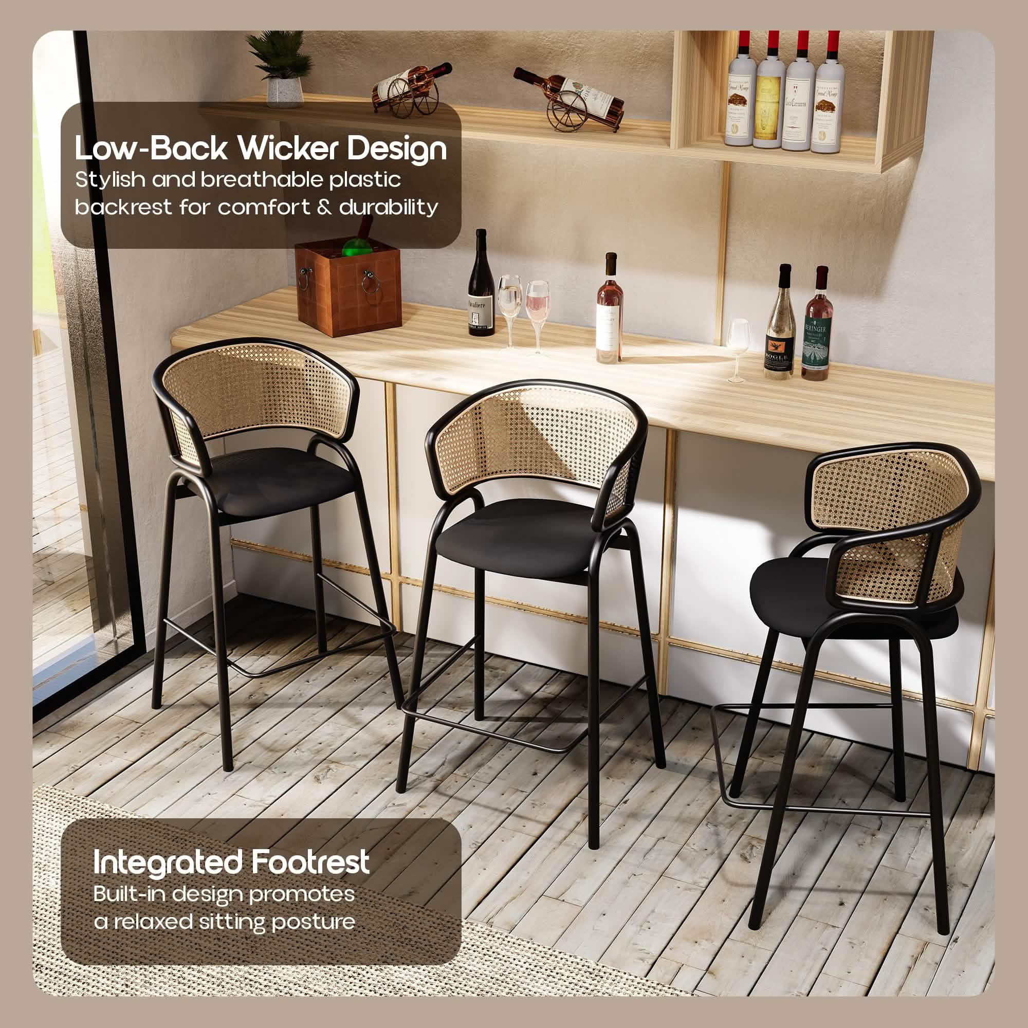 Ervilla Wicker Bar Stool with Leather Seat and Black/White Stainless Steel Frame