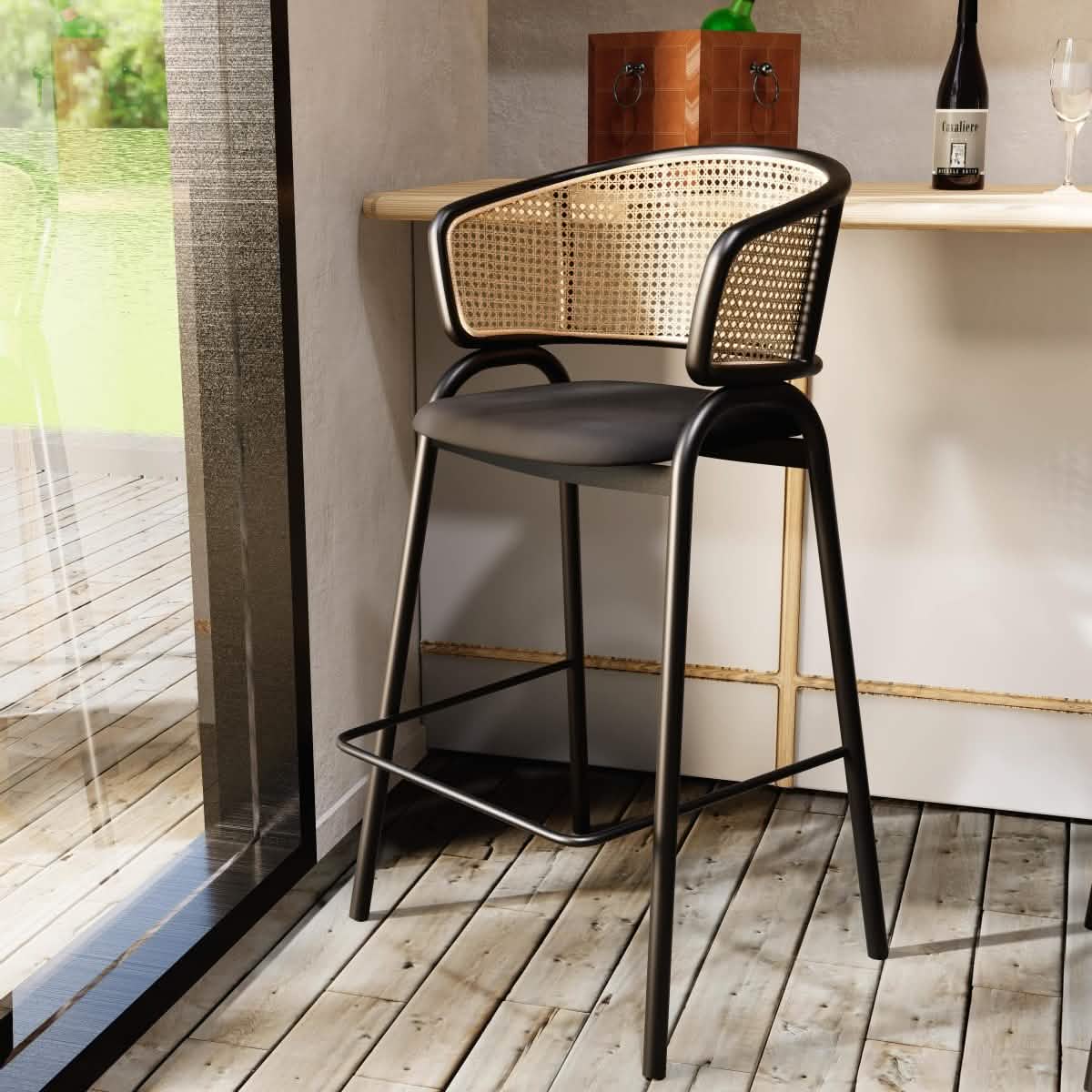 Ervilla Wicker Bar Stool with Leather Seat and Black/White Stainless Steel Frame
