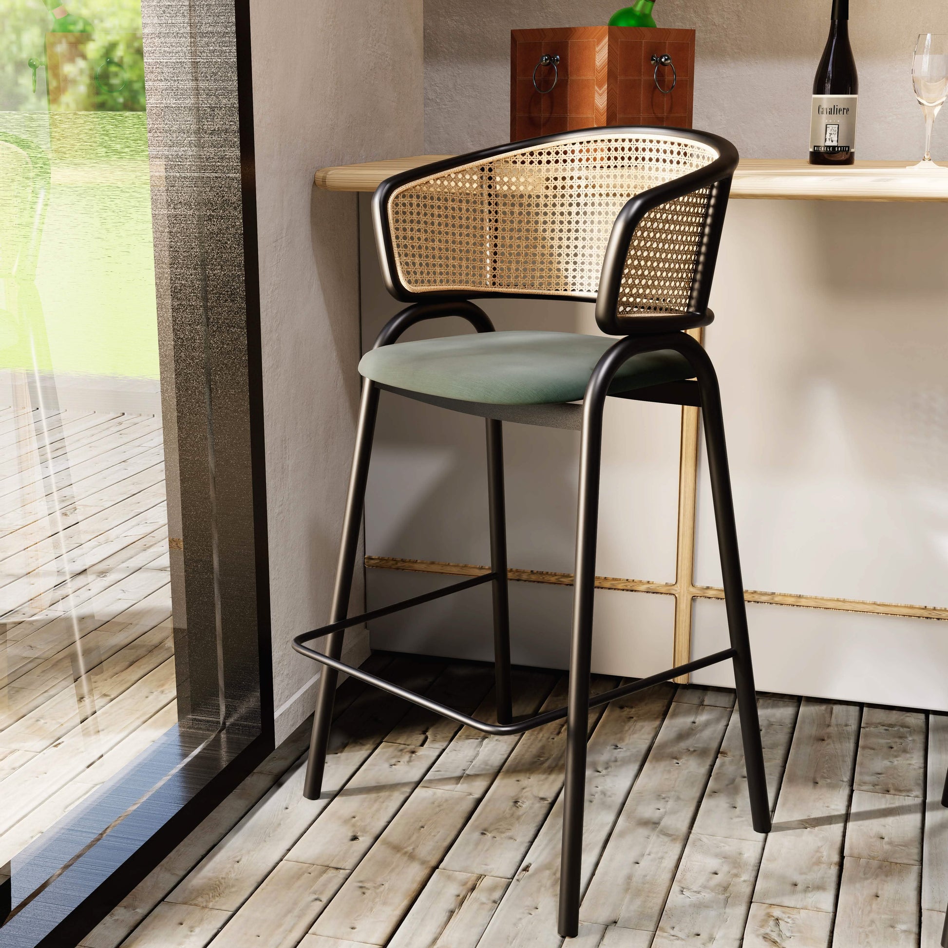 Ervilla Wicker Bar Stool with Leather Seat and Black/White Stainless Steel Frame