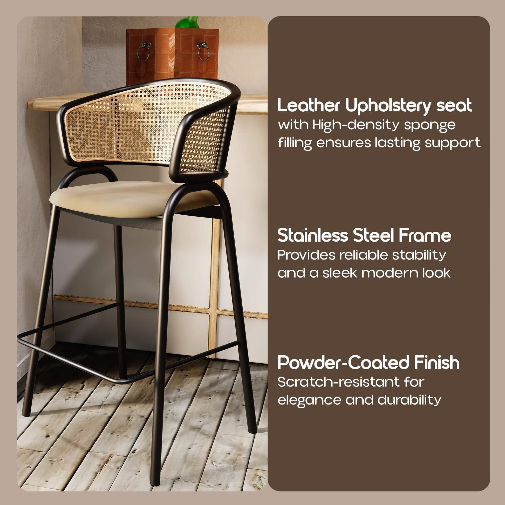 Ervilla Wicker Bar Stool with Leather Seat and Black/White Stainless Steel Frame