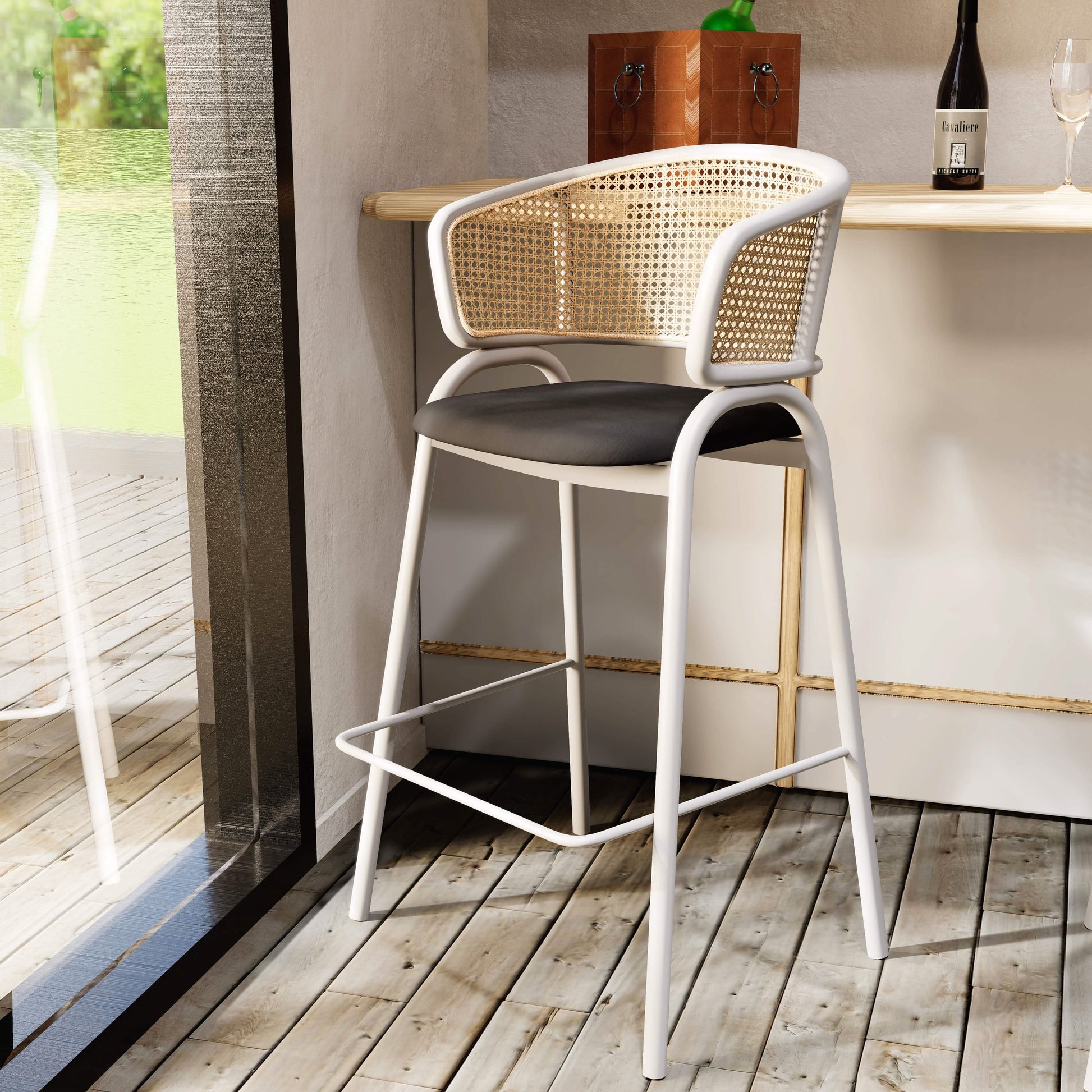 Ervilla Wicker Bar Stool with Leather Seat and Black/White Stainless Steel Frame
