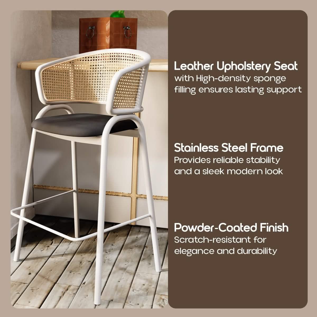 Ervilla Wicker Bar Stool with Leather Seat and Black/White Stainless Steel Frame