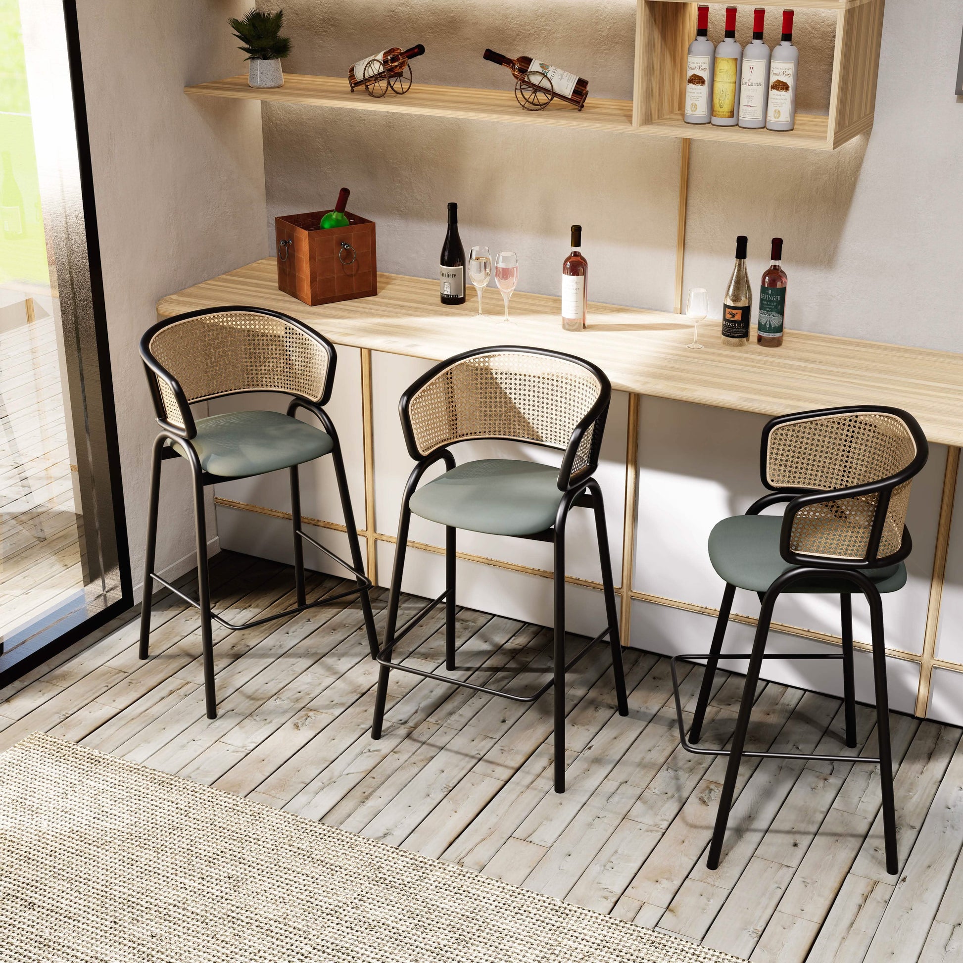 Ervilla Wicker Bar Stool with Leather Seat and Black/White Stainless Steel Frame