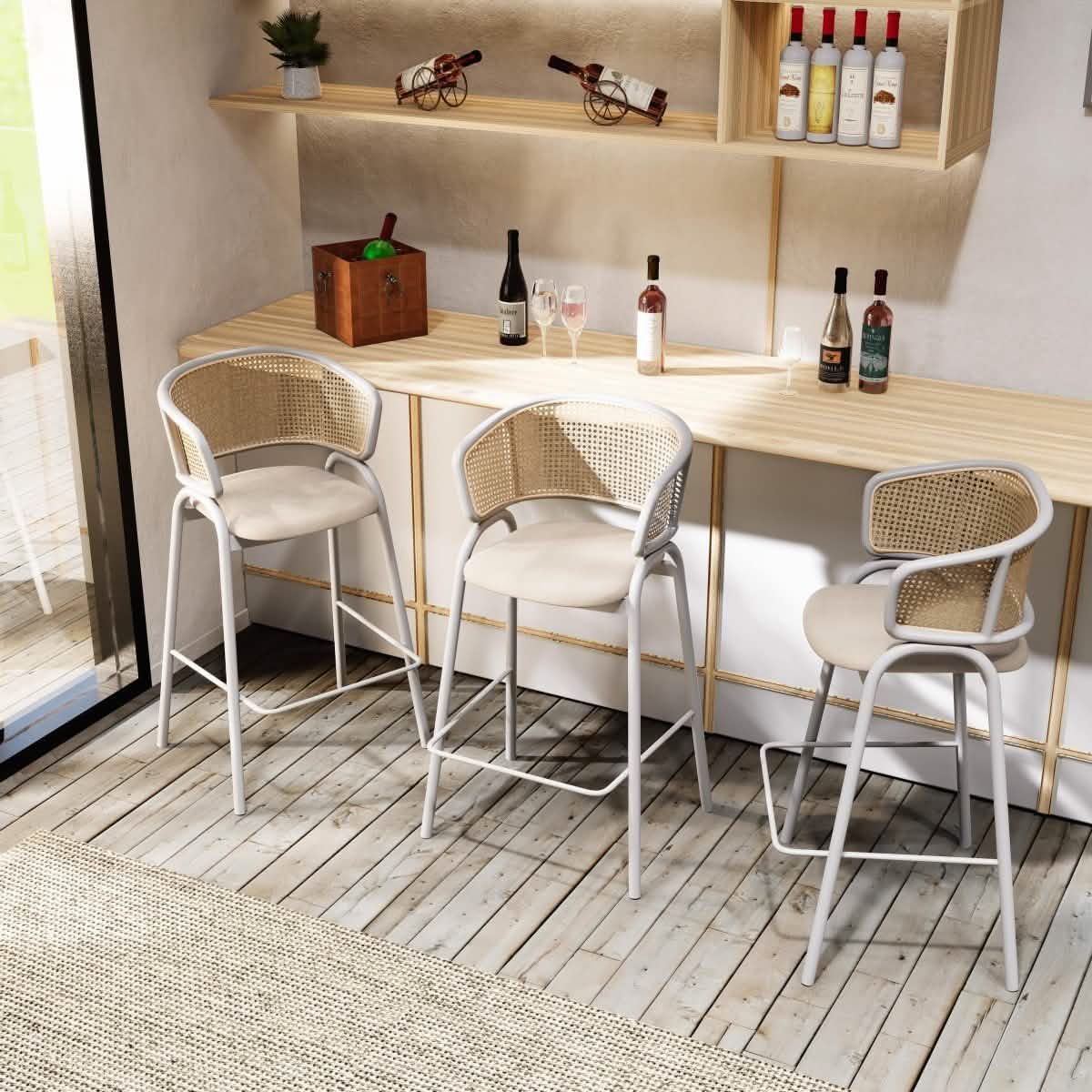 Ervilla Wicker Bar Stool with Leather Seat and Black/White Stainless Steel Frame