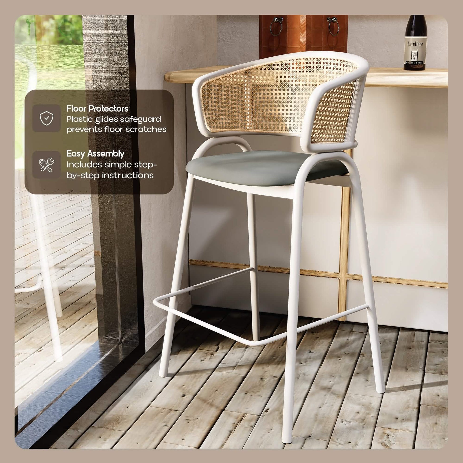 Ervilla Wicker Bar Stool with Leather Seat and Black/White Stainless Steel Frame