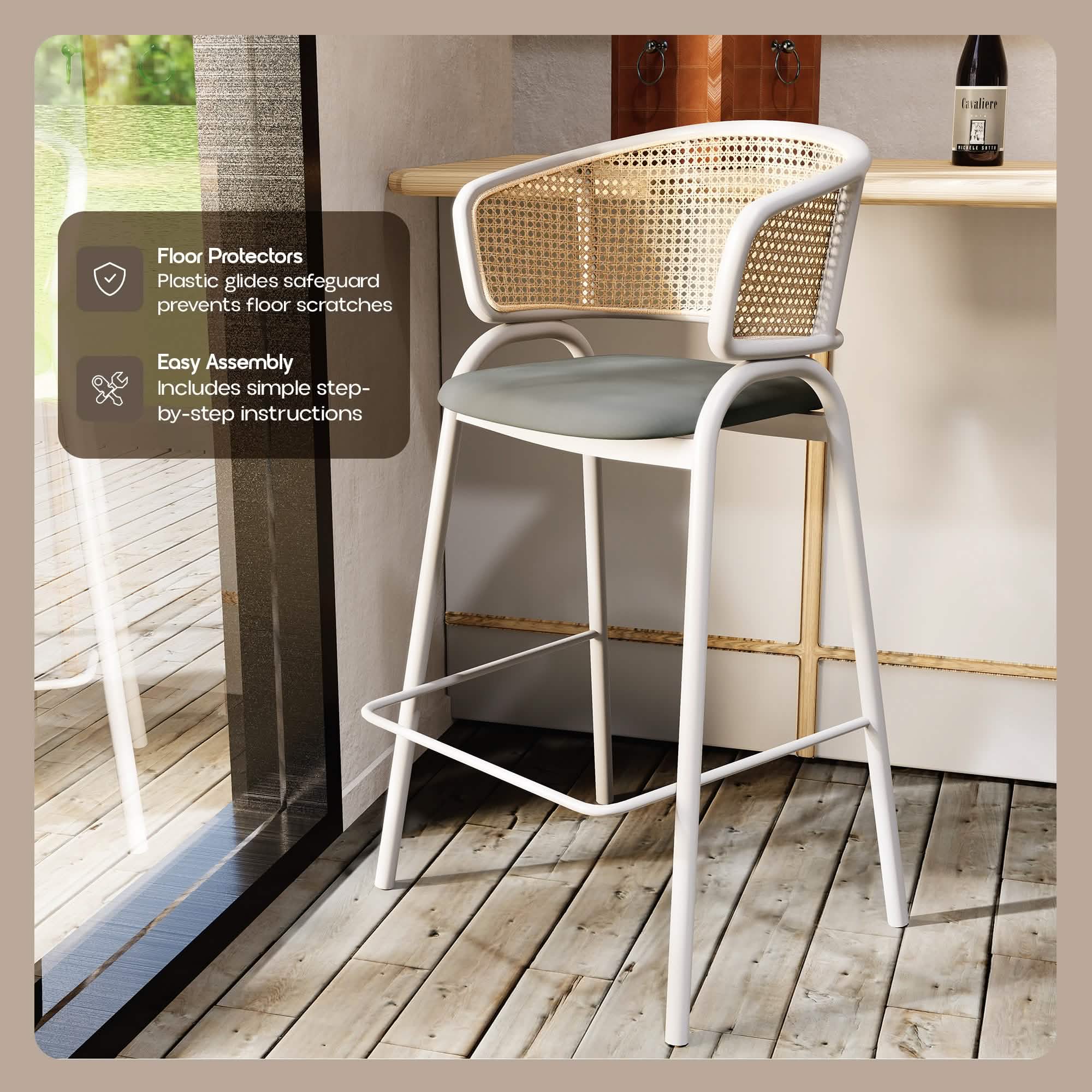 Ervilla Wicker Bar Stool with Leather Seat and Black/White Stainless Steel Frame