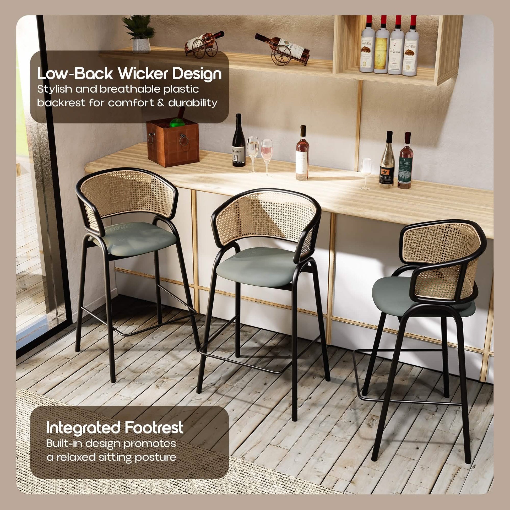 Ervilla Wicker Bar Stool with Leather Seat and Black/White Stainless Steel Frame
