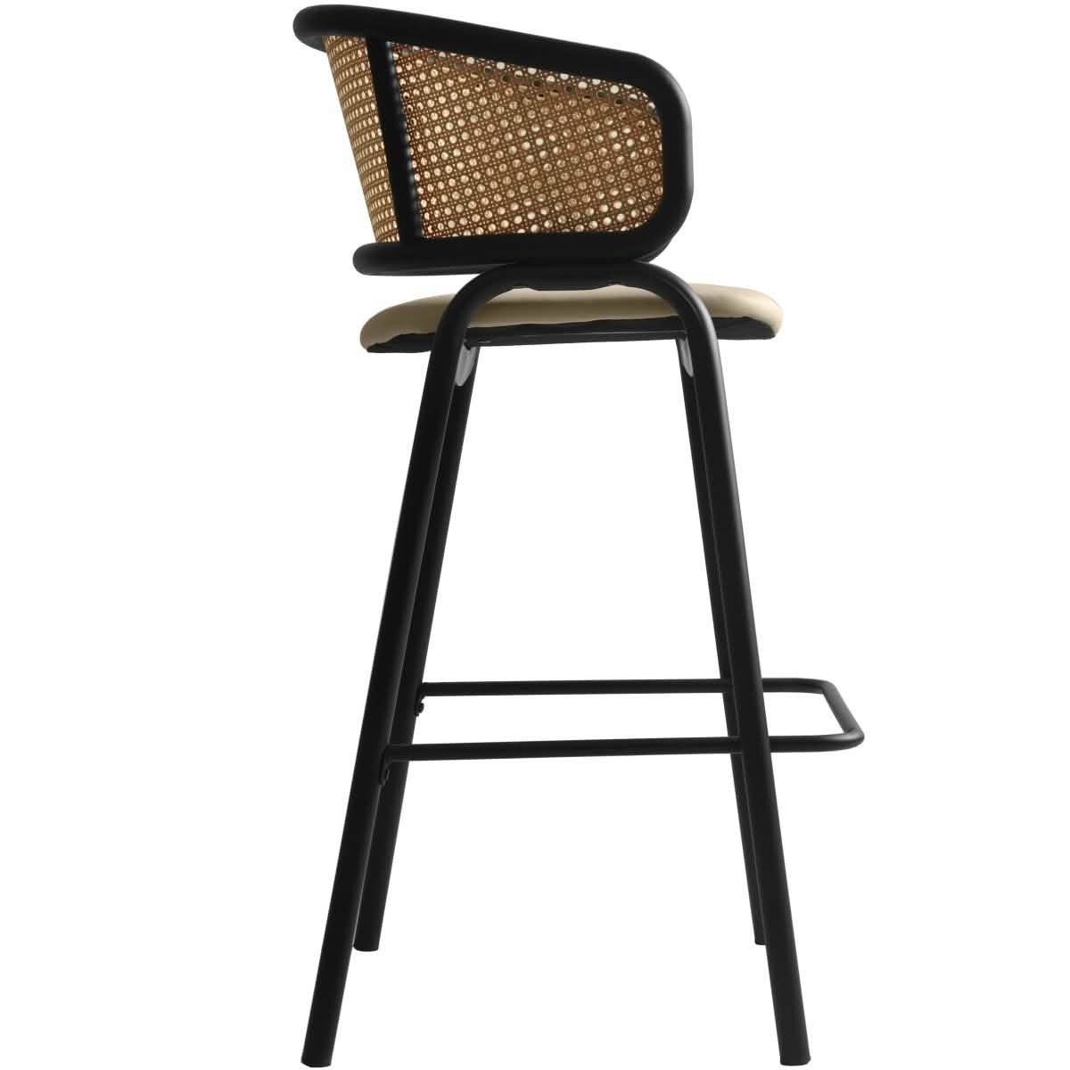 Ervilla Wicker Bar Stool with Leather Seat and Black/White Stainless Steel Frame